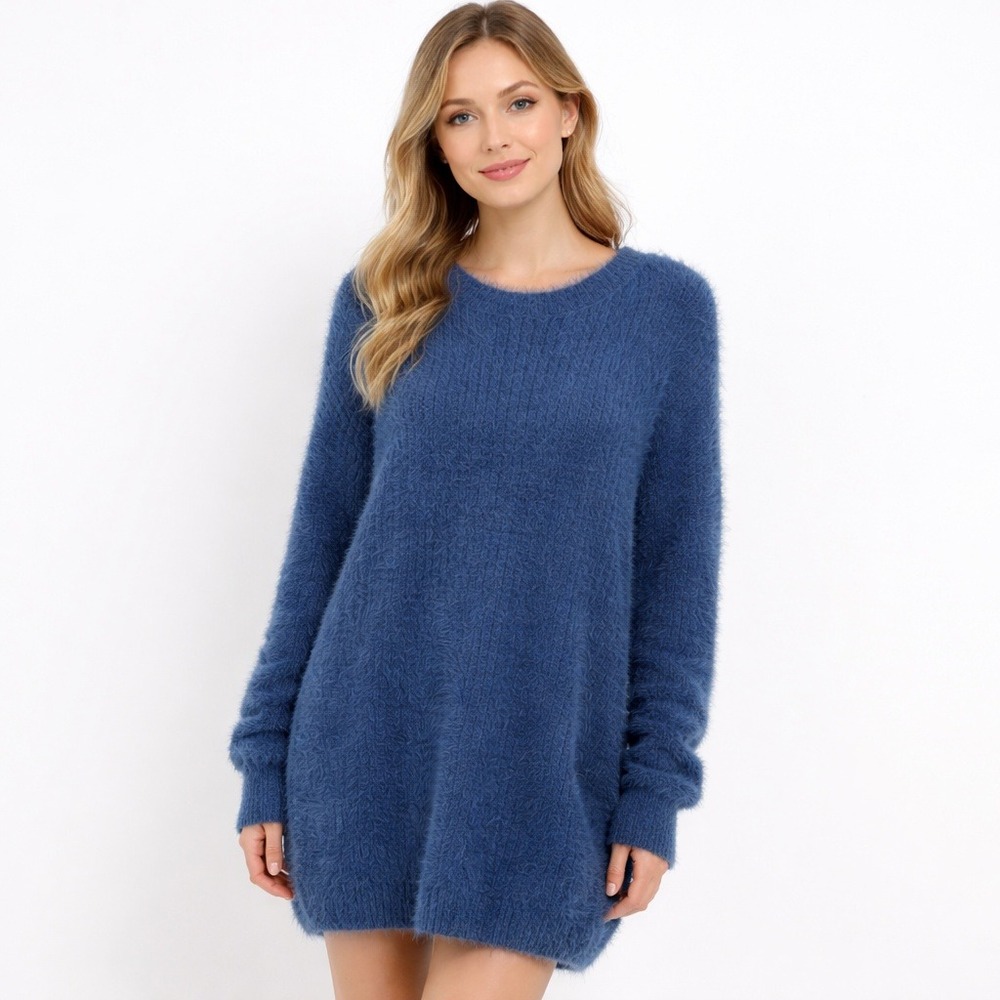 Lulus Navy Blue Eyelash Knit Crewneck Sweater Oversized ML NWT Cozycore